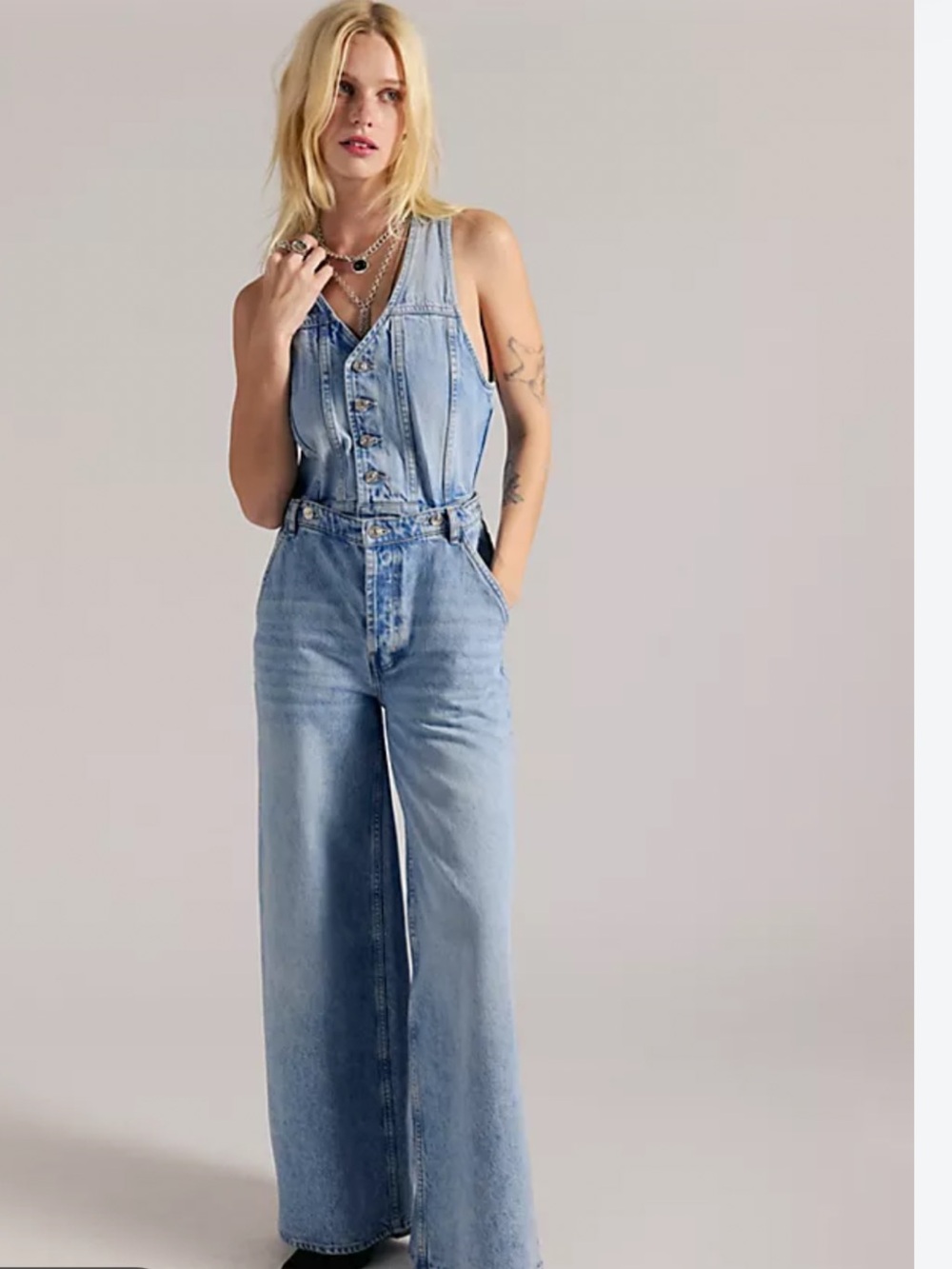 We The Free Together Convertible Light Blue Wide-Leg Denim Overalls